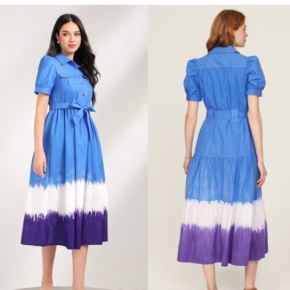 DEREK LAM Ombré Dip Dye Puff Short Sleeve Tie Belt Ruffle Tier Shirt Dress 6